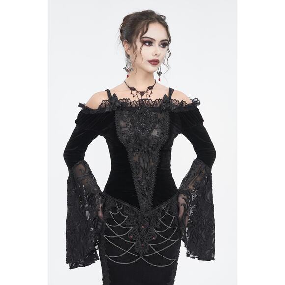 Devil Fashion Gothic Victorian Vampire Black Velvet Beaded Rose & Lace Top - Picture 14 of 16
